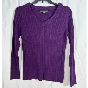 Eddie Bauer Cable Knit Sweater Women L Purple Plum V Neck Classic Preppy
